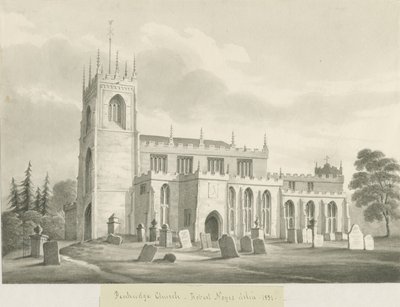 Penkridge Church: sepia vask tegning, 1831 af Robert Noyes