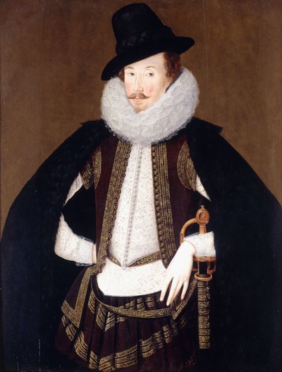Portræt af Sir Charles Cornwallis, i en pelstrimmet sort kappe, hvid doublet og brun, guldbroderet vest, af Robert Peake
