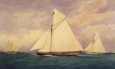 Racing Yacht "Niagara" i Solent, Hurst Point Beyond af Robert Pritchett