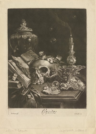 Vanitas Still Life, ca. 1685-88 (mezzotint med burin arbejde) af Robert Robinson