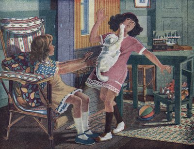 Annettes lille kat: en hvid kat klør ansigtet på en lille pige, der leger med sin veninde. Illustration af Robert Salles (1871-1929) i "" Je sais Lire"". af Robert Salles