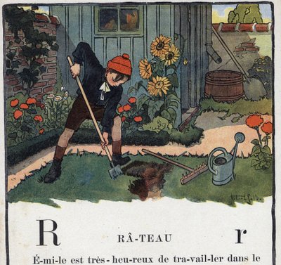 Børnebog "" Jeg vil læse - Metodisk og sjovt alfabet af en far""" 1926. Illustration af Robert Salles (1871-1929). Abecedaire: bogstavet R som Rake. En drengs have i haven til sit hus. af Robert Salles
