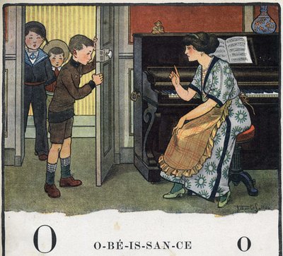 Børnebog "" Jeg vil læse - Metodisk og sjovt alfabet af en far""" 1926. Illustration af Robert Salles (1871-1929). Abecedary: bogstav O som Lydighed. En mor skælder sine drenge ud. af Robert Salles