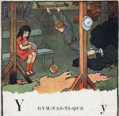 Børnebog "" Jeg vil læse - Metodisk og sjovt alfabet af en far""" 1926. Illustration af Robert Salles (1871-1929). Abecedary: bogstav Y som Gymnastik. En dreng trapez, mens en pige leger en dukke. af Robert Salles
