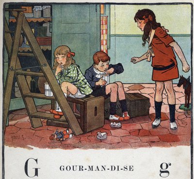 Børnebog "" Jeg vil læse - Metodisk og sjovt alfabet af en far""" 1926. Illustration af Robert Salles (1871-1929). Abecedary: bogstavet G som Gourmandise. Pige og drenge spiser kandiseret frugt i hemmelighed. af Robert Salles