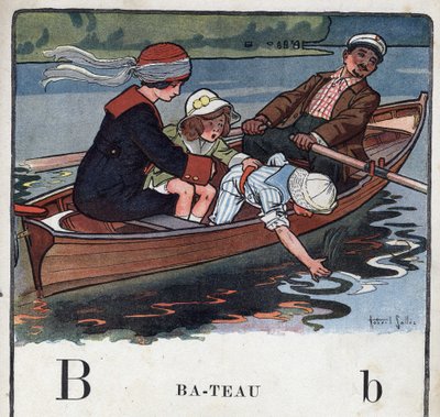 Børnebog "" Jeg vil læse - Metodisk og sjovt alfabet af en far""" 1926. Illustration af Robert Salles (1871-1929). Abecedaire: bogstav B som båd. En familie i en båd går en tur. af Robert Salles
