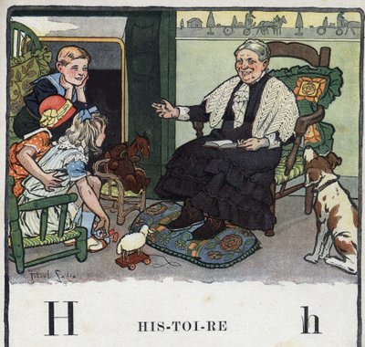 Børnebog "" Jeg vil læse - Metodisk og sjovt alfabet af en far""" 1926. Illustration af Robert Salles (1871-1929). Abecedaire: bogstavet H som historie. En bedstemor fortæller sine børnebørn historier ved pejsen. af Robert Salles