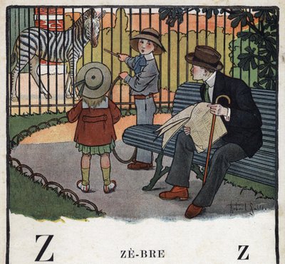 Børnebog "" Jeg vil læse - Metodisk og sjovt alfabet af en far""" 1926. Illustration af Robert Salles (1871-1929). Abecedaire: bogstav Z som Zebre. Børn, med en bøjle, ser på en zebra i en zoologisk have. af Robert Salles