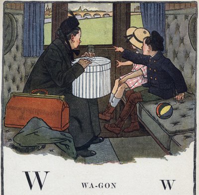 Børnebog "" Jeg vil læse - Metodisk og sjovt alfabet af en far""" 1926. Illustration af Robert Salles (1871-1929). Abecedaire: bogstav W som vogn. To børn med deres mor rejser i en togkupé. af Robert Salles
