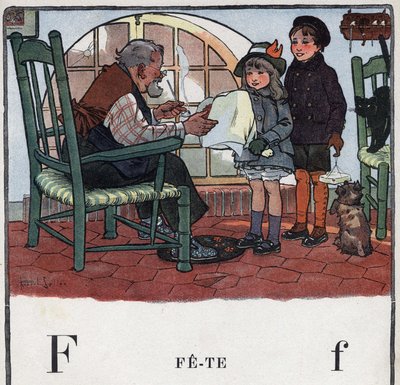 Børnebog "" Jeg vil læse - Metodisk og sjovt alfabet af en far""" 1926. Illustration af Robert Salles (1871-1929). Abecedaire: bogstavet F som Fete. En pige og en dreng byder på gaver til deres bedstefars fest. af Robert Salles