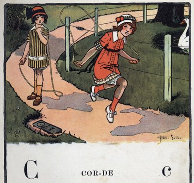Børnebog "" Jeg vil læse - Metodisk og sjovt alfabet af en far""" 1926. Illustration af Robert Salles (1871-1929). Abecedary: bogstavet C som Reb. To piger spiller hoppereb. af Robert Salles