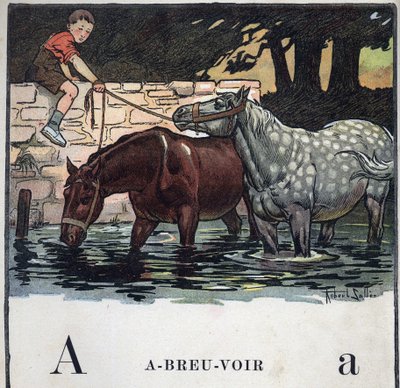 Børnebog "" Jeg vil læse - Metodisk og sjovt alfabet af en far""" 1926. Illustration af Robert Salles (1871-1929). Abecedary: bogstav A som drikkevand. To heste drikker vand. af Robert Salles