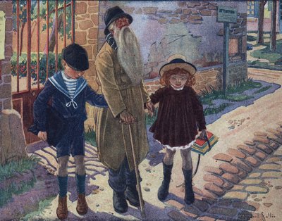 De blindes pind: to børn hjælper en blind gammel mand med at gå. Illustration af Robert Salles (1871-1929) i "" Je sais Lire"". af Robert Salles