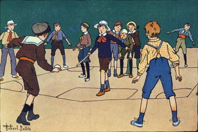 Theque (holdspil med bold og stok). Indgravering i "" Hvad spiller vi? “” af E. Weber med akvareltegninger af Robert Salles (1871-1929). Librairie Garnier Freres, Paris af Robert Salles