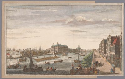 Oversigt over Admiraliteitsmagazijn i Amsterdam En udsigt over admiralitetet i Amsterdam, af de dertil hørende butikshuse, kajer og kajer og til det østindiske kompagni af Holland (titel på objektet) af Robert Sayer (possibly)
