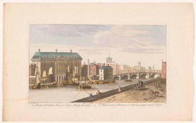 Udsigt over Custom House og Essex Bridge over floden Liffey i Dublin En udsigt til Custom House og Essex Bridge, Dublin (titel på objekt) af Robert Sayer (possibly)