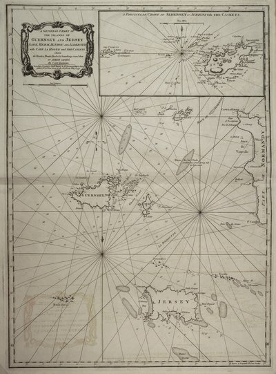 Et generelt kort over øerne Guernsey og Jersey, Sark, Herm, Jethou og Alderney, med Cape la Hague og Caskets. af Robert Sayer