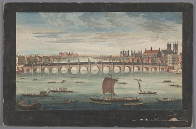 Udsigt over Westminster Bridge over Themsen i London, set fra nord En sydlig udsigt over Westminster Bridge (titel på objekt) af Robert Sayer
