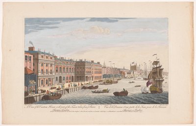 Udsigt over Custom House ved Themsen i London En udsigt over Custom House med en del af The Tower, taget fra ye river. Thames London (titel på objekt) London (serietitel) af Robert Sayer