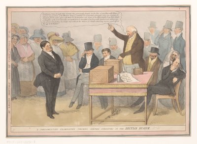 Spotprent over British Museum En parlamentarisk undersøgelse, der berører visse kuriositeter i British Museum (titel på objekt) Månedligt ark med karikaturer nr. 41. (titel på objekt) af Robert Seymour (possibly)