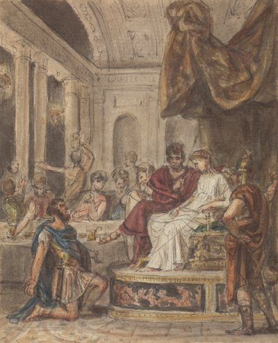 Banketscene med en romersk soldat, der knæler for en kvindelig figur, der sidder på en trone af Robert Smirke