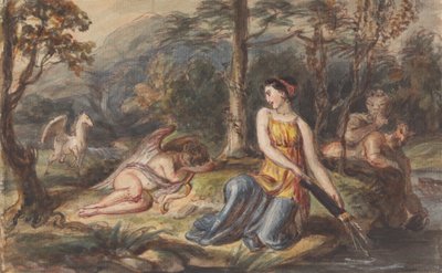 Diana, jagtens gudinde, med satyrer, sovende amor og en pegasus i et skovklædt landskab af Robert Smirke