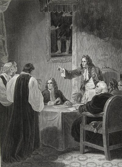 The Bishops before the Privy Council, 1688, indgraveret af George Noble, illustration fra David Humes 