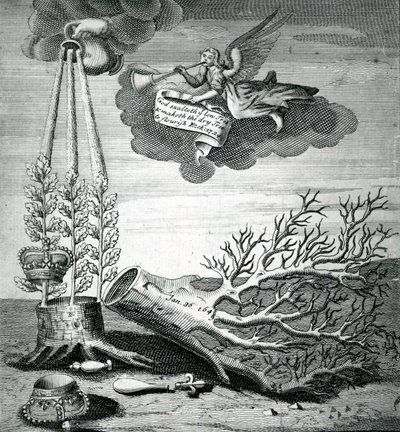 Emblematisk tryk, der henviser til henrettelsen af Charles I og Stuart-følgen, 1715 af Robert Vaughan