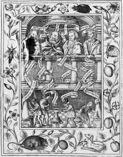 Store alkymister inspirerer til arbejde i laboratoriet fra Theatrum Chemicum Britannicum, 1652 af Robert Vaughan