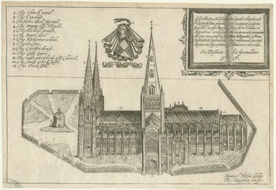 Lichfield Cathedral - South View: kobberpladegravering og [1600-tallet] af Robert Vaughan