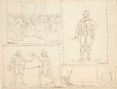 Fire skitser, 1824 (pen og brunt blæk på bleget papir) af Robert Walter Weir
