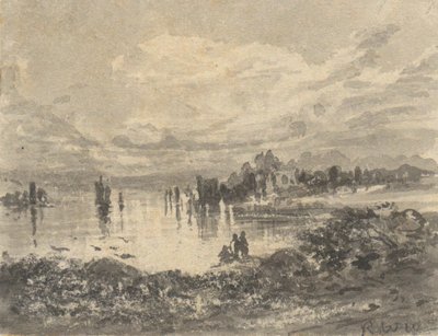 Udsigt over søen og bjergene med figurer af Robert Walter Weir