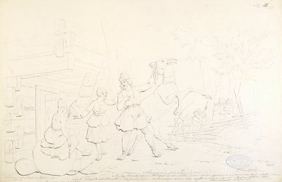 Lemminkäinen og Hiiden Hirvi ; Originaltegning til serien "Kalewala, Finsk National-dikt, framställd i teckningar af R.W.Ekman" af Robert Wilhelm Ekman