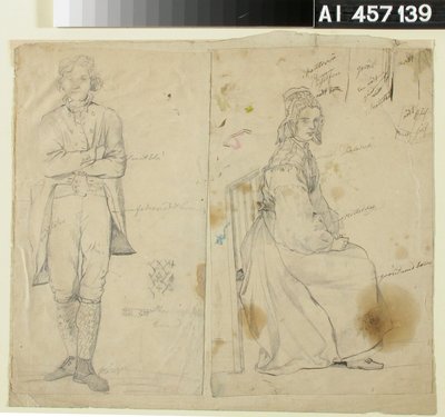 Mand med hænderne i vejret og kvinde i nationaldragt af Robert Wilhelm Ekman