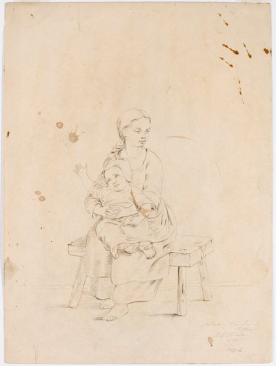 Ung kvinde sidder på en bænk med et lille barn i armene af Robert Wilhelm Ekman