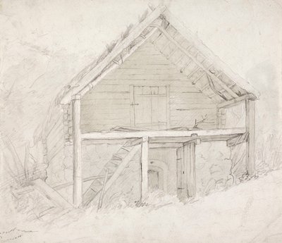 Enden af en sovesal med stråtag og stengulv af Robert Wilhelm Ekman