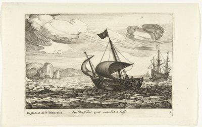 Dogger af hundestøvle Een Dogh-boot groot om 8 Last / Dogh-Boot de 8 Tonneaux (titel på objekt) Hollandse scheepstypen, 1627 (serietitel) Forskellige skibe Don ton se sert dans les Unies Provinces / Ikoner af forskellige hollandske skibe, hvis brug er maxi af Robert de Baudous (possibly)