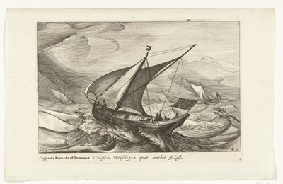Frisiske færger Vriesche færgeskibe store omkring 38 Last / Cague de Frise. The 38 Tonneaux (titel på objekt) Hollandske skibstyper, 1627 (serietitel) Diverse Navires Don to se sert dans les Provinces Unies / Icones Variarum Navium Hollandicarum af Robert de Baudous (possibly)
