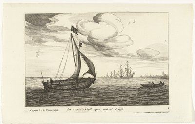 Vrachtkagen Een Vracht-kaghe groot omkring 6 Last / Cague de 6 Tonneaux (titel på objekt) Hollandse scheepstypen, 1627 (serietitel) Forskellige skibe Don ton se sert dans les United Provinces / Ikoner af forskellige hollandske skibe, hvis brug for det mest af Robert de Baudous (possibly)