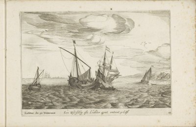 Wijdschip af lichter Een Wyt-schip ofte Lichter groot omkring 30 Last / Lichter de 30 Tonneaux (titel på objekt) Forskellige skibe ses ikke på se sert dans les Provinces Unies af Robert de Baudous (possibly)