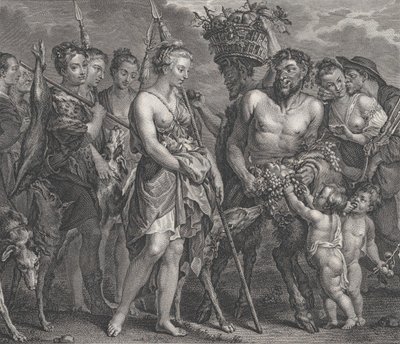 Diana vender tilbage fra jagten, ledsaget af hunde og hendes nymfer til venstre, to satyrer..., ca. 1808 af Robert de Launay