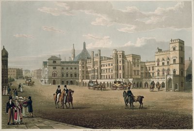 Udsigt over House of Lords and Commons, fra Old Palace Yard, pub. 1821 af Colnaghi und Co. (akvatint) af Robert the Elder and Younger Havell