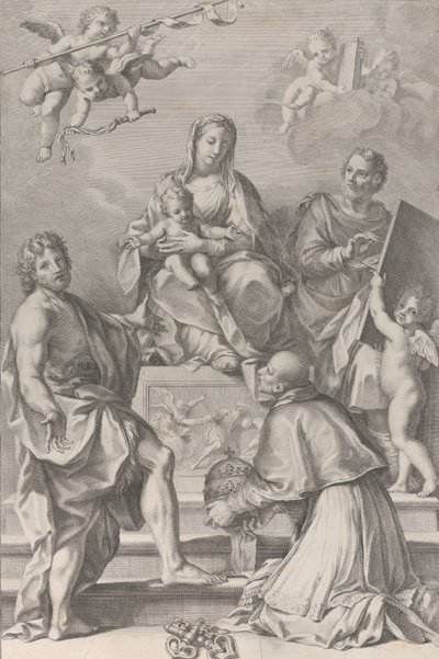 Madonna og barn i centrum med Johannes Døberen, Sankt Lukas, pave Peter Celestini,..., 1694. af Robert van Audenaerde