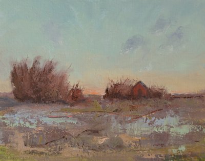 Granaries By The Slough, 2023 (olie på lærredspanel) af Roberta Murray