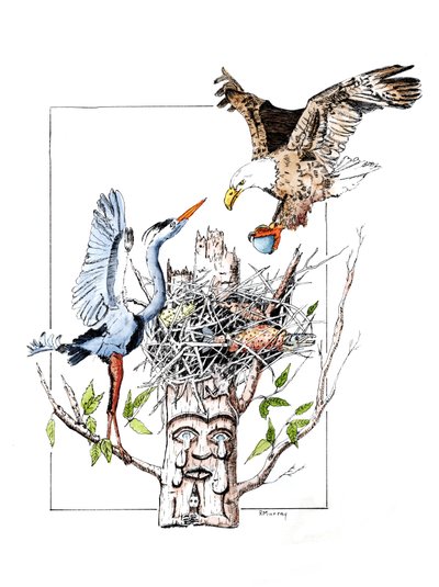 Totemtyv, 2019 (blæk og vask på papir) af Roberta Murray