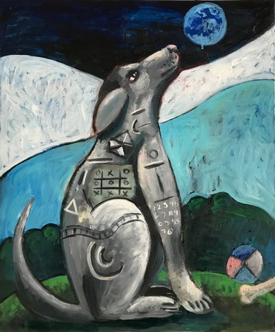 The Dog and the Blue Moon, ca. 2020 (olie på lærredspanel) af Roberto Munguia
