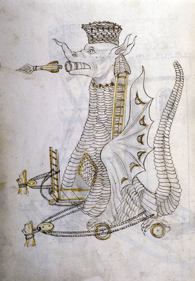 Krigskunst: undersøgelse af militærmaskiner. ""Arabica machina"", arabisk maskine til at belejre en by, illustration fra 