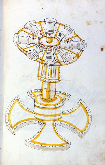 Krigskunst: undersøgelse af militærmaskiner. roterende kanon, illustration fra 