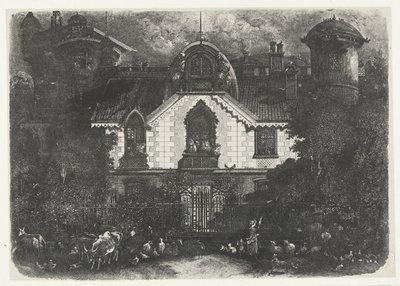 Hus med tårn bag et hegn og hyrdinde med kvæg La maison enchantee af Rodolphe Bresdin