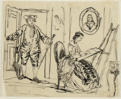 Interiør med mand og kvinde i 1700-talsdragter af Rodolphe Bresdin